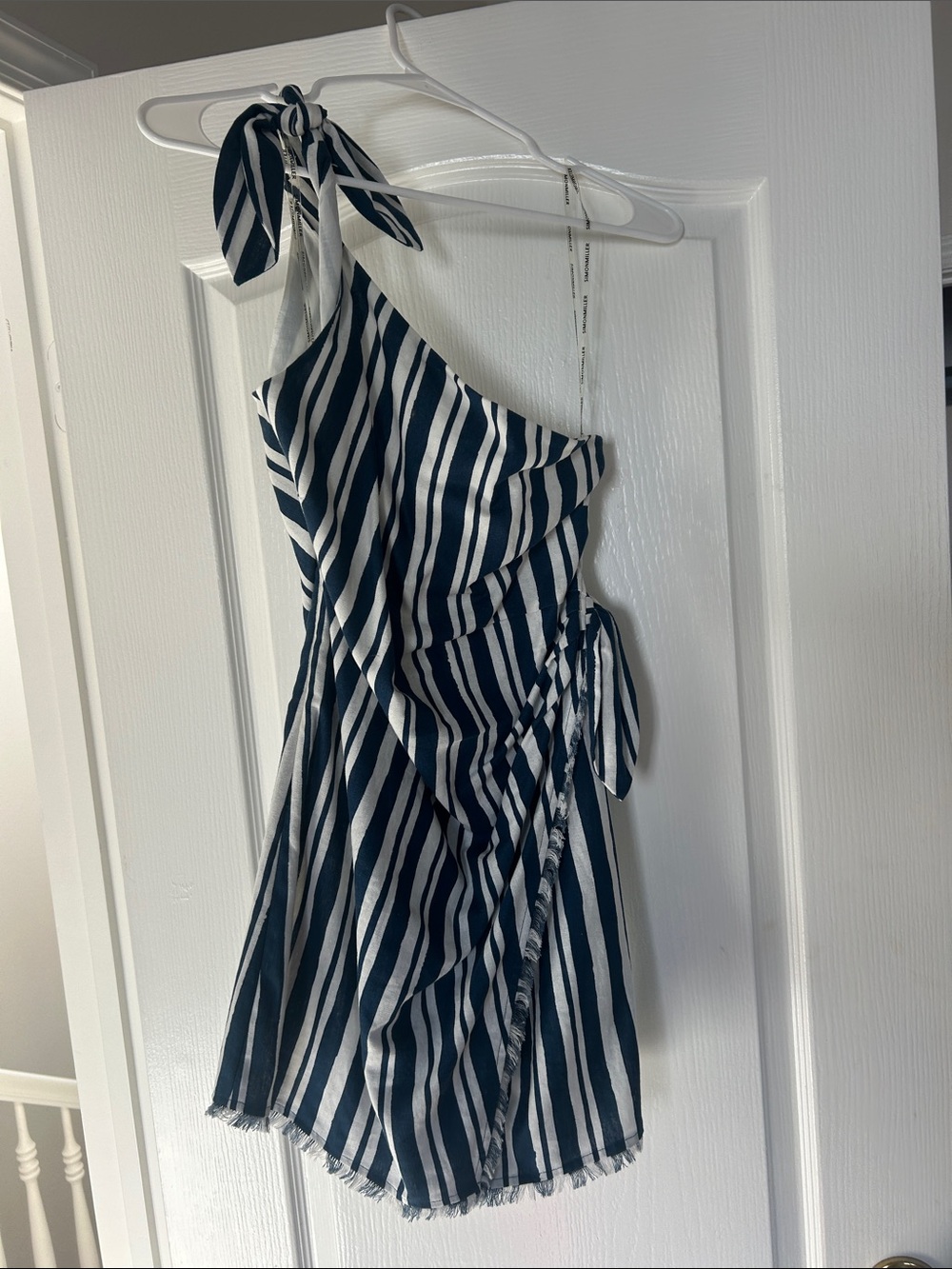 Simon Miller Striped One-Shoulder Tie-Waist Mini Dress - Navy & White